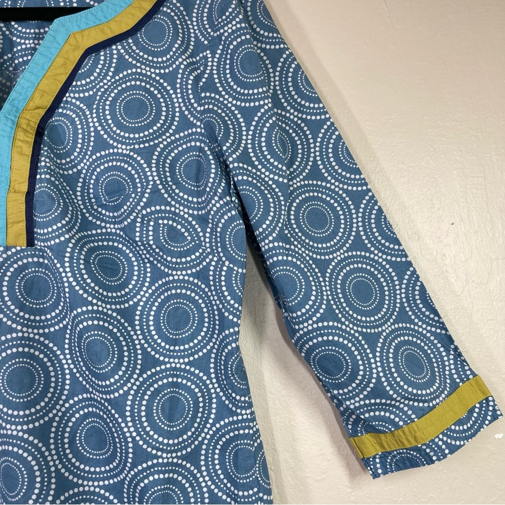 Boden Blue Circular Print Midi Dress with Yellow Trim - Picture 5 of 9